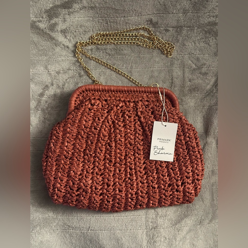 Primark Terracotta Woven Clutch with Removable Gold Crossbody Chain